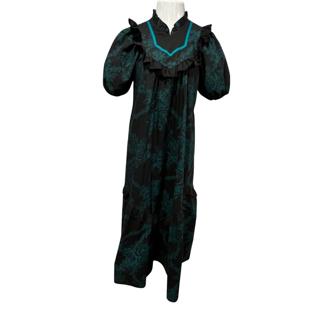 Carol Bennett for Liberty House Vtg Prairie Maxi Dress, Floral Black Green, S/M - Picture 9 of 10